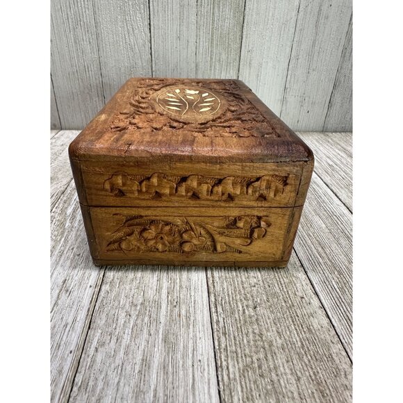 Vtg Wooden Jewelry Trinket Box Carved Inlay Flower Top Design 6 x  4 in India - Picture 3 of 10